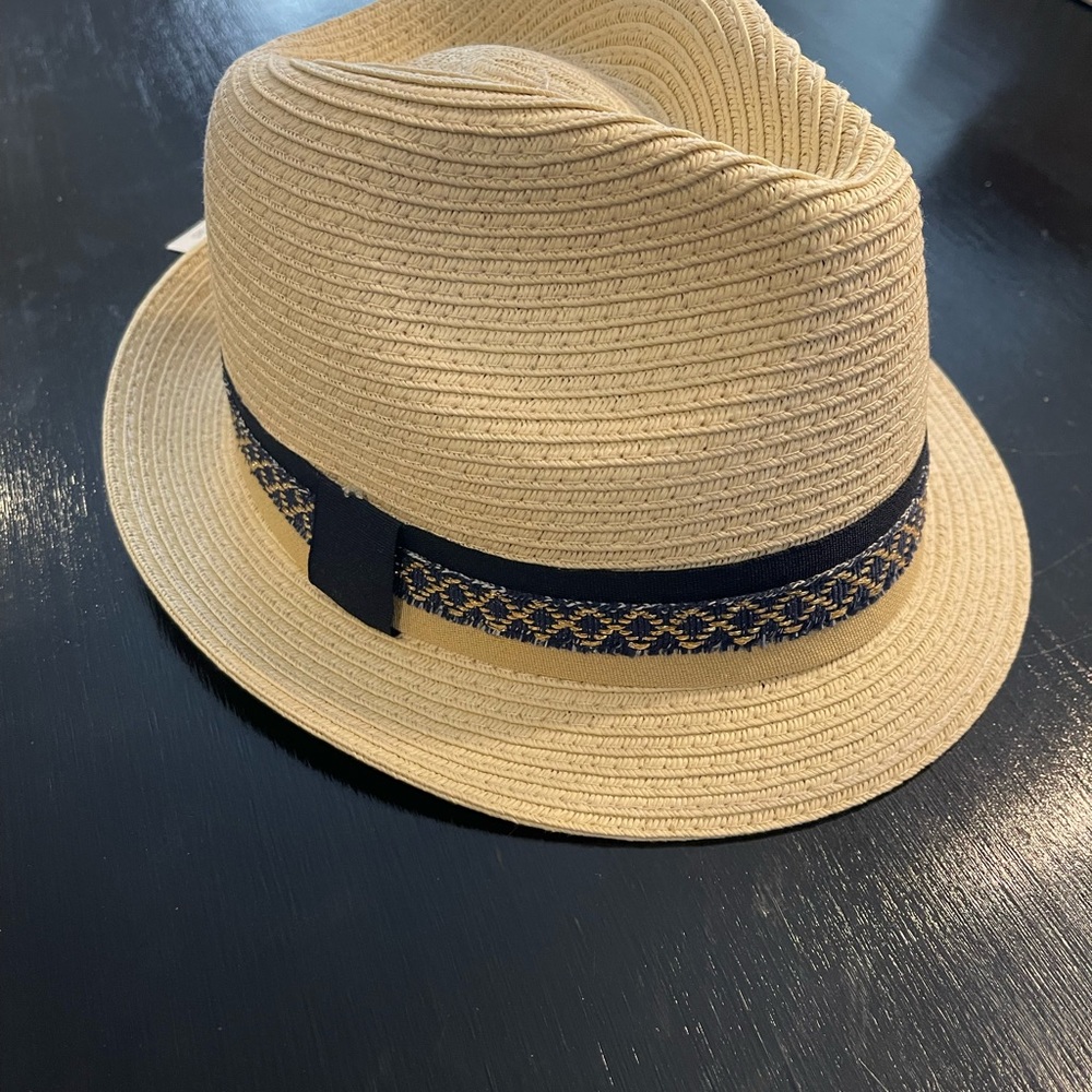 Stylish Tan Fedora with black,navy blue and gold band